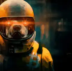 Dog Astronaut with Glowing Eyes and Bitcoin
