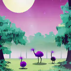 Three purple birds in a magical forest