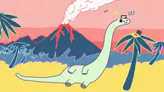 Dinosaur wearing sunglasses near volcano
