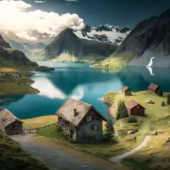 Alpine lake with wooden cabins and snow-capped mountains