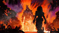 Silhouettes facing armored figure in fiery light