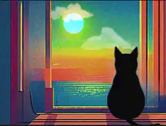 Silhouette cat watching sunset