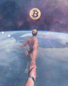 Woman swimming to bitcoin moon