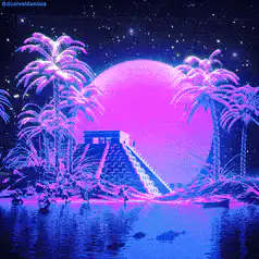 neon pyramid sunset with palm trees