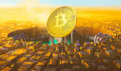 Bitcoin coin over industrial city