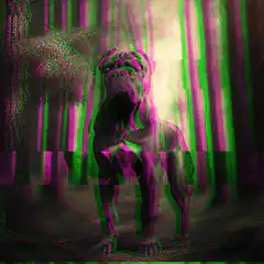 Colorful glitching dog in forest