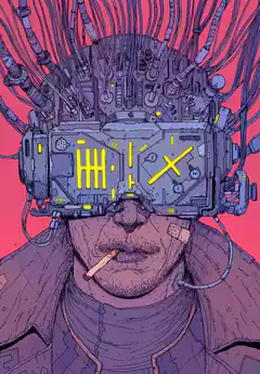 Cyberpunk man with VR headset and cigarette