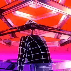 Wireframe figure under red hexagonal ceiling