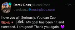 Derek Ross tweet about Zap Bitcoin pleb