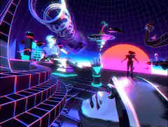 Neon retro-futuristic room with robots
