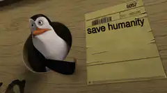 Penguin in cup with save humanity envelope