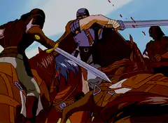 Knight on horseback slashes enemy