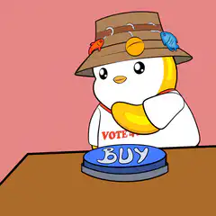 Bitcoin bird wearing fishing hat presses buy button