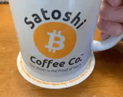 Satoshi Coffee Co. mug and coaster