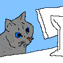Sad pixel cat at computer