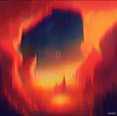 Bitcoin symbol in fiery cave
