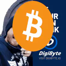 Bitcoin logo over man with DigiByte ad