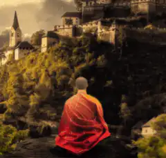 Monk meditating overlooking a castle