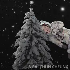 Astronaut floating among snowy trees in space