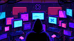 Hacker in neon control room
