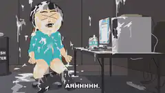 Man covered in white goo screaming