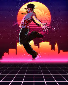 Synthwave man dancing on grid