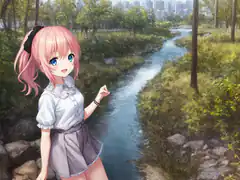 Anime girl by river in city park
