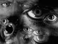 black and white collage of many eyes