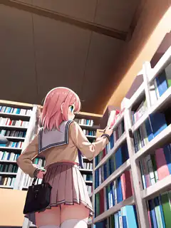 pink hair girl library