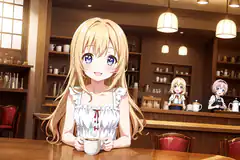 anime girl holding coffee in cafe