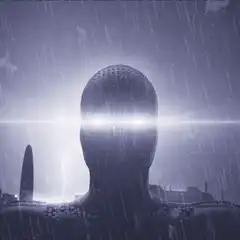 Giant robot head in rain with glowing eyes
