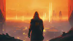 Hooded figure overlooking orange city