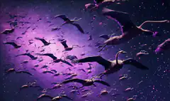 Flamingos flying through purple galaxy