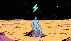 Blue Man on Moon with Pixel Lightning
