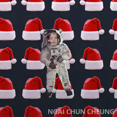 Astronaut floating among Santa hats