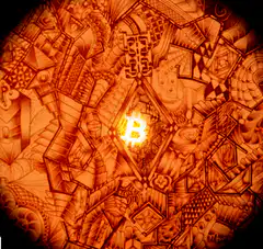 Glowing Bitcoin symbol in intricate orange doodle art