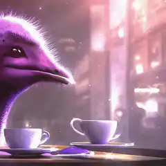 purple bird drinking coffee