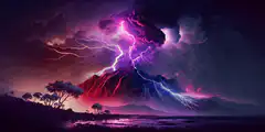 Volcano erupting with purple lightning