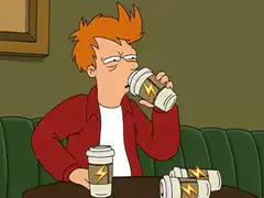 Fry drinking coffee with lightning bolts