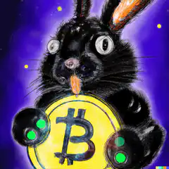 Black rabbit holding bitcoin