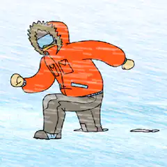 Man in orange jacket shivering in snow