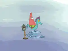 Patrick Star on a seahorse ride