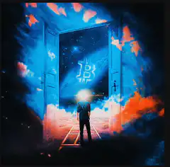 Man looking at Bitcoin in space