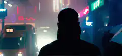 Silhouette in neon city