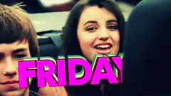Girl laughing excitedly with FRIDAY text