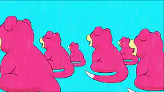 Pink Slowpoke with glowing eyes in rain