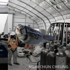Owl flying through rocket hangar