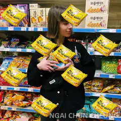 Woman surrounded by floating instant noodles