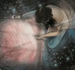 Person writing on Bitcoin paper in space