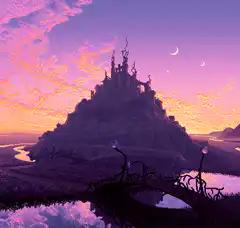 Fantasy castle on a hill at sunset